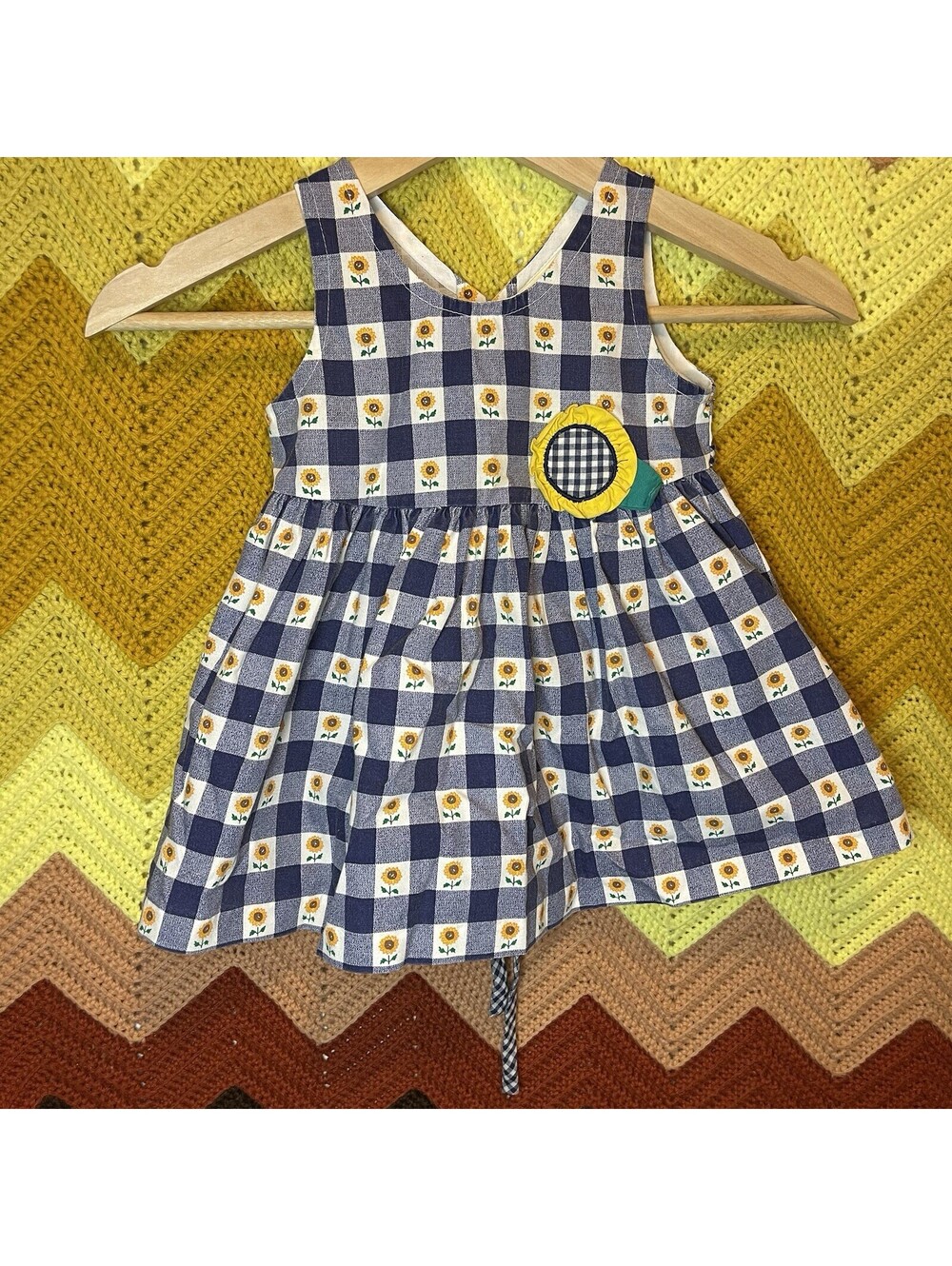 Vintage B.T. Kids Blue Gingham Dress W/Sunflowers 2T